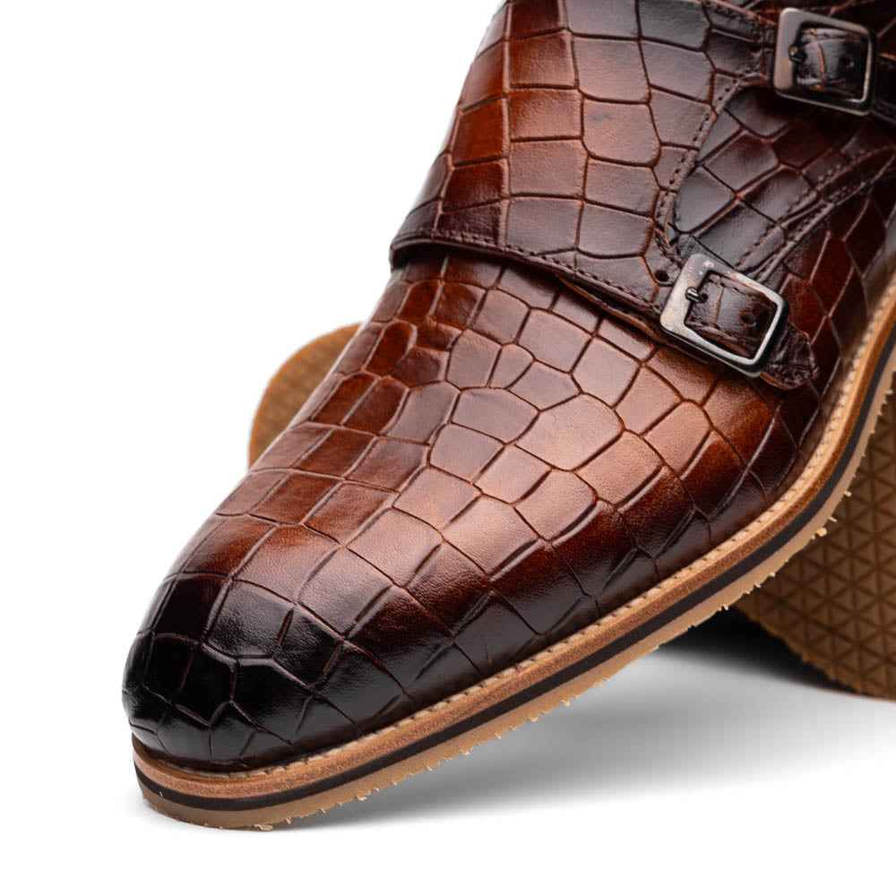 TEEK - 55-112-CGN LEGERRA Hand Burnished Crocodile Print Monkstrap Cognac SHOES TEEK ZI