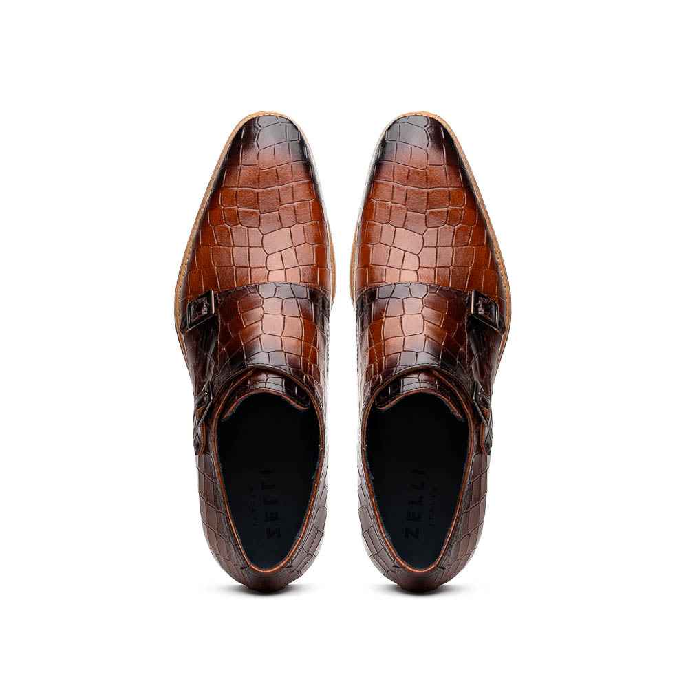 TEEK - 55-112-CGN LEGERRA Hand Burnished Crocodile Print Monkstrap Cognac SHOES TEEK ZI