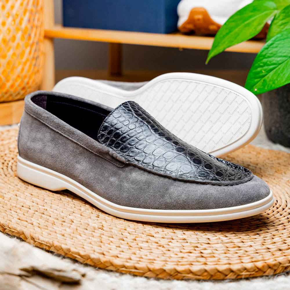 TEEK - 11-603-GRY BENE Sueded Italian Goatskin & Crocodile Loafer Grey SHOES TEEK ZI