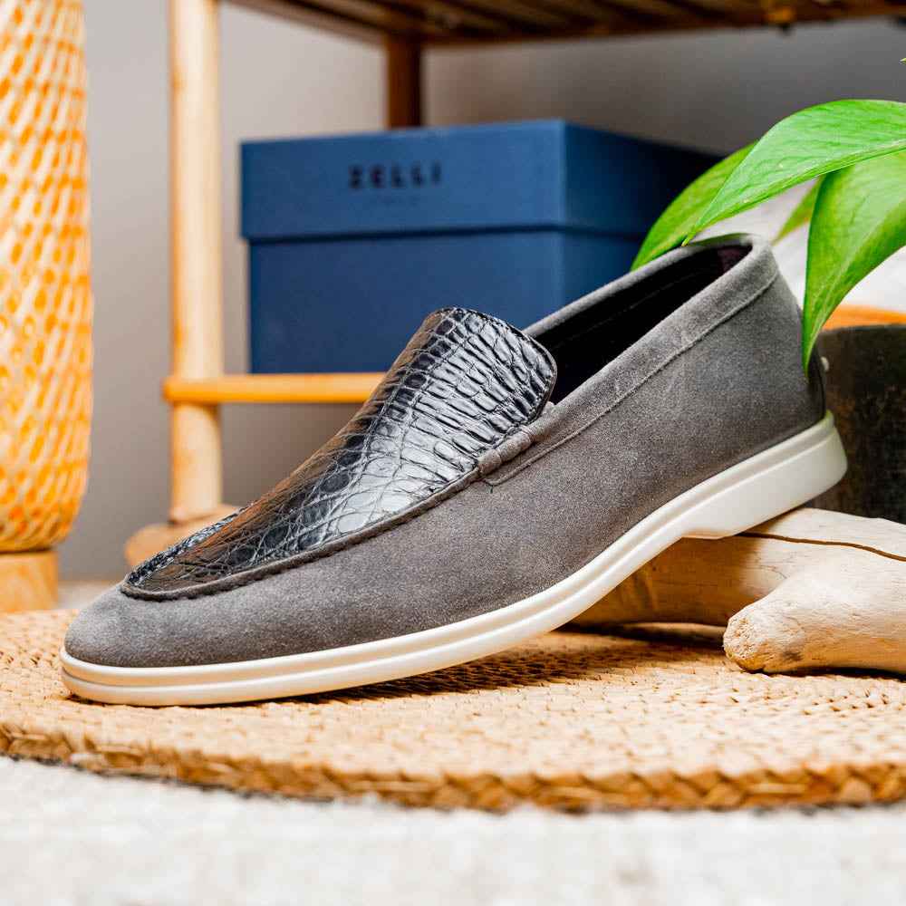 TEEK - 11-603-GRY BENE Sueded Italian Goatskin & Crocodile Loafer Grey SHOES TEEK ZI