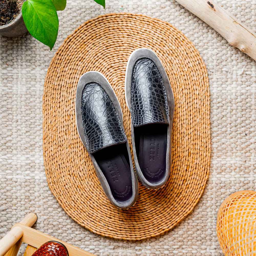 TEEK - 11-603-GRY BENE Sueded Italian Goatskin & Crocodile Loafer Grey SHOES TEEK ZI