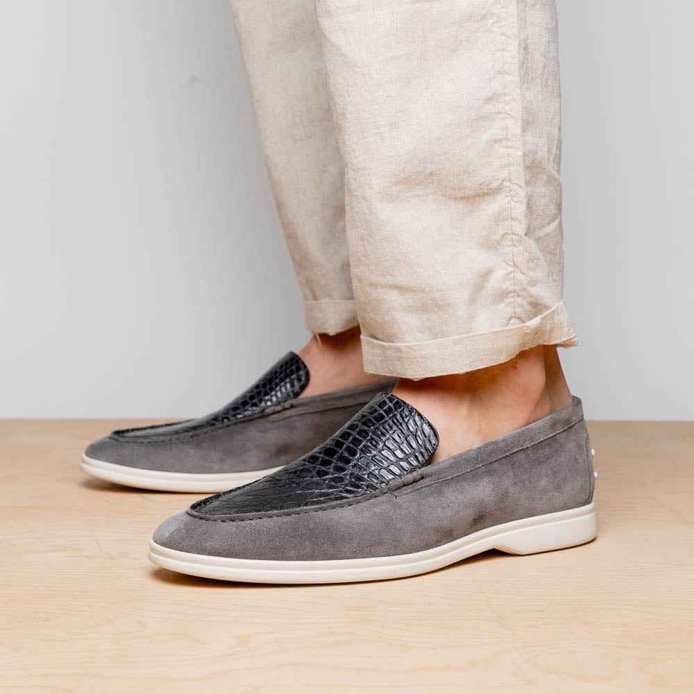 TEEK - 11-603-GRY BENE Sueded Italian Goatskin & Crocodile Loafer Grey SHOES TEEK ZI