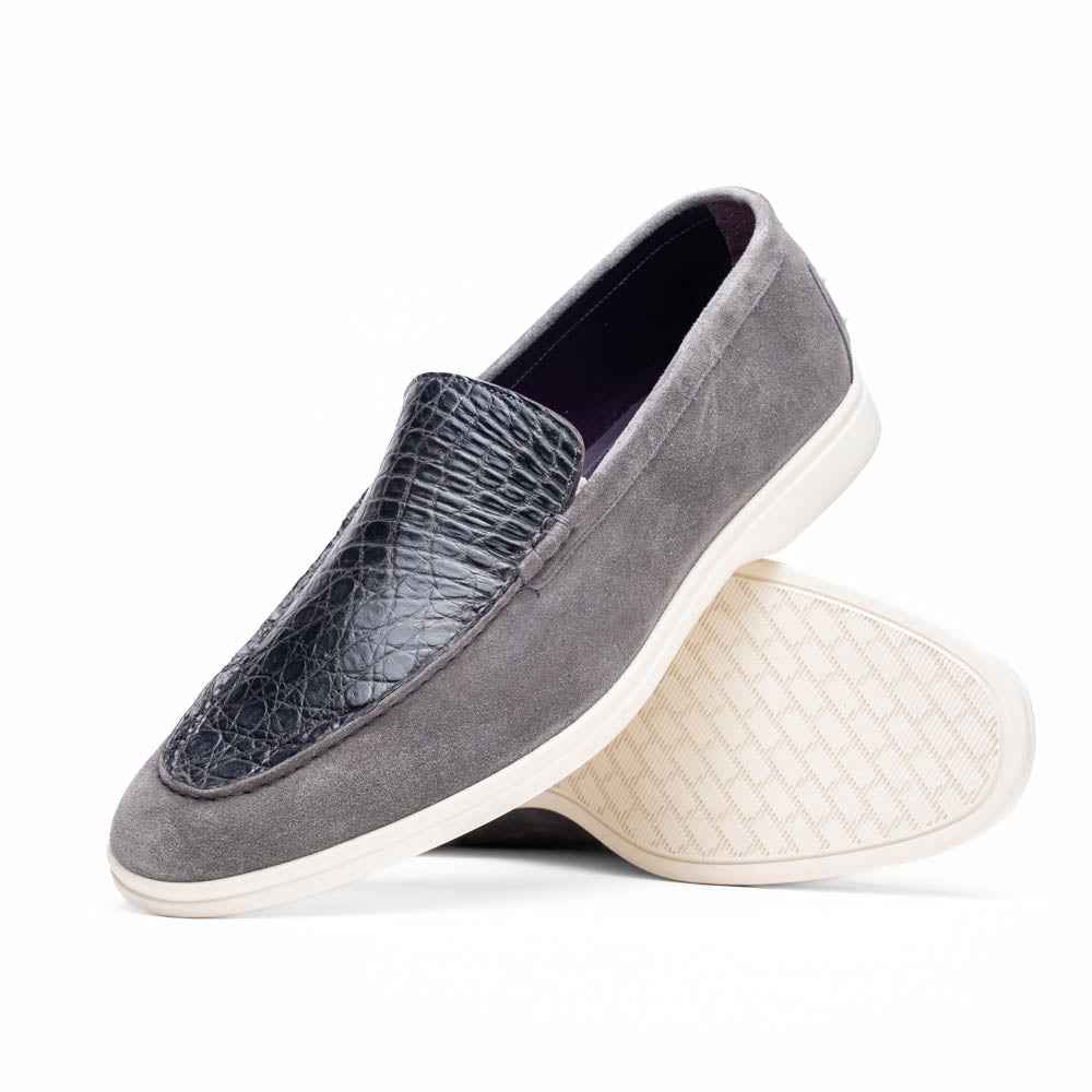 TEEK - 11-603-GRY BENE Sueded Italian Goatskin & Crocodile Loafer Grey SHOES TEEK ZI Grey 8.5 M