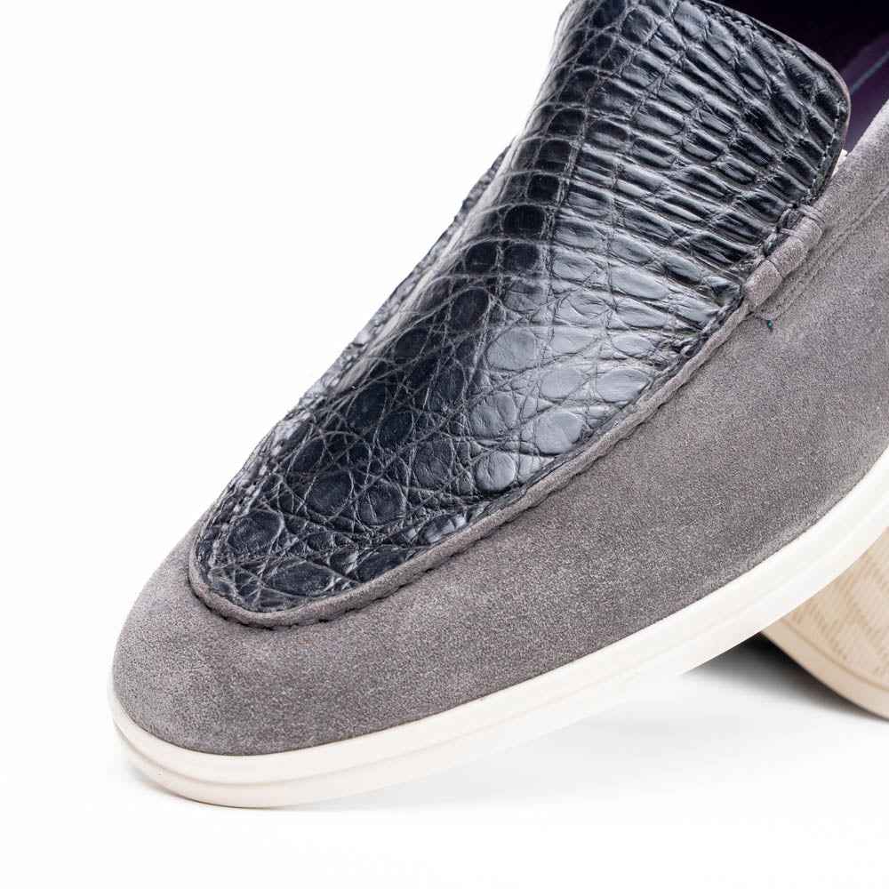 TEEK - 11-603-GRY BENE Sueded Italian Goatskin & Crocodile Loafer Grey SHOES TEEK ZI
