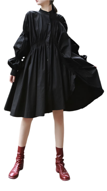 TEEK - Hotaru Long Sleeve Pleated Shirt Dress - Black - TEEK