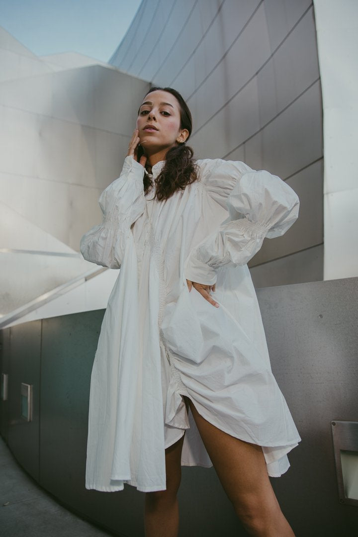 TEEK - Hotaru Long Sleeve Pleated Shirt Dress - White DRESS TEEK MS