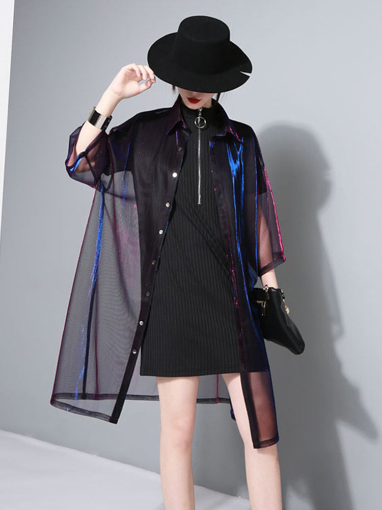 TEEK - Reece Sheer Shimmer Shirt Dress - Rose Red Blue DRESS TEEK MS