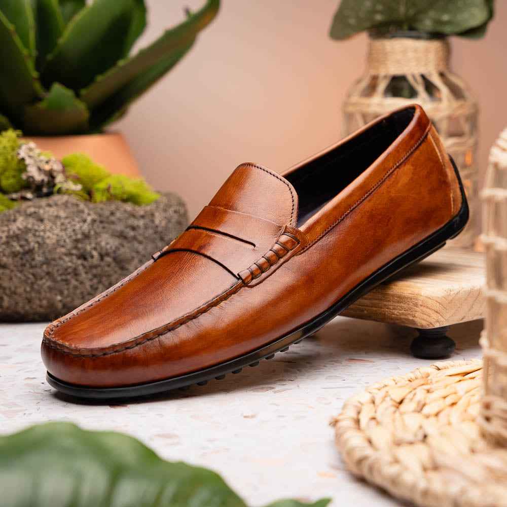 35-115-CGN MONZA Hand Burnished Italian Calfskin Driving Loafers Cognac Shop TEEK ZI