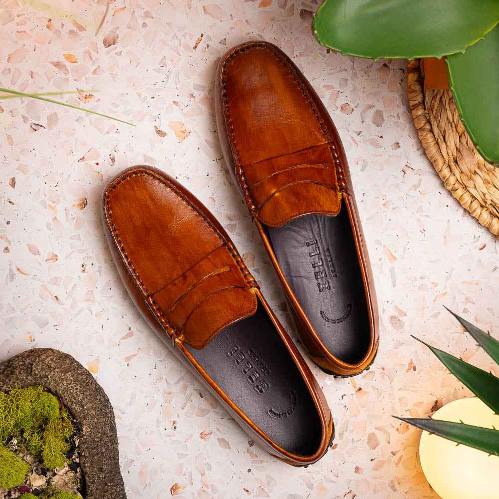 35-115-CGN MONZA Hand Burnished Italian Calfskin Driving Loafers Cognac Shop TEEK ZI