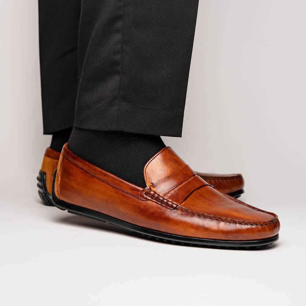 35-115-CGN MONZA Hand Burnished Italian Calfskin Driving Loafers Cognac Shop TEEK ZI