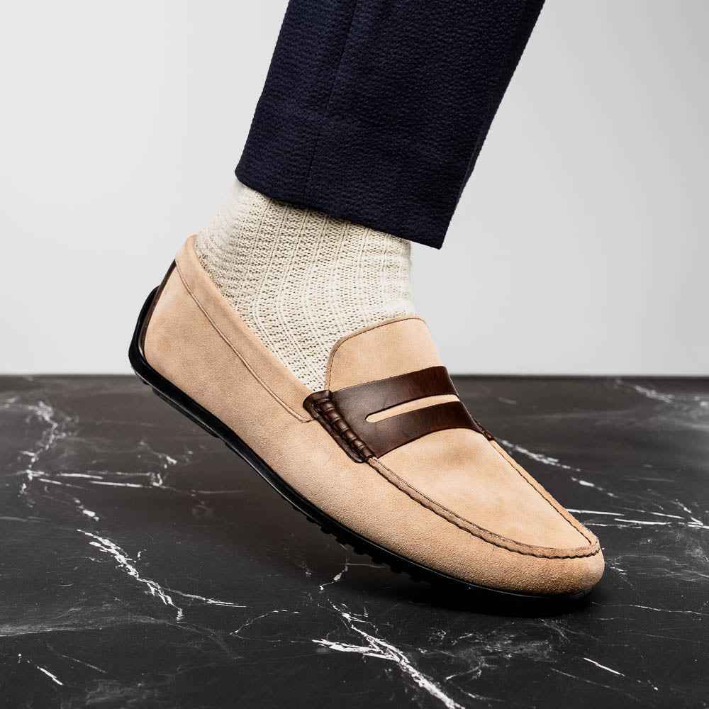 TEEK - 36-300-BON MONZA Sueded Italian Calfskin Driver Bone / Chestnut SHOES TEEK ZI