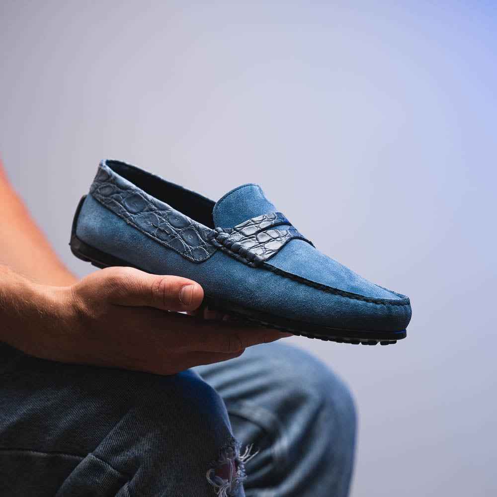 TEEK - 31-160-DNM MONZA Sueded Calfskin with Crocodile Driver Denim SHOES TEEK ZI