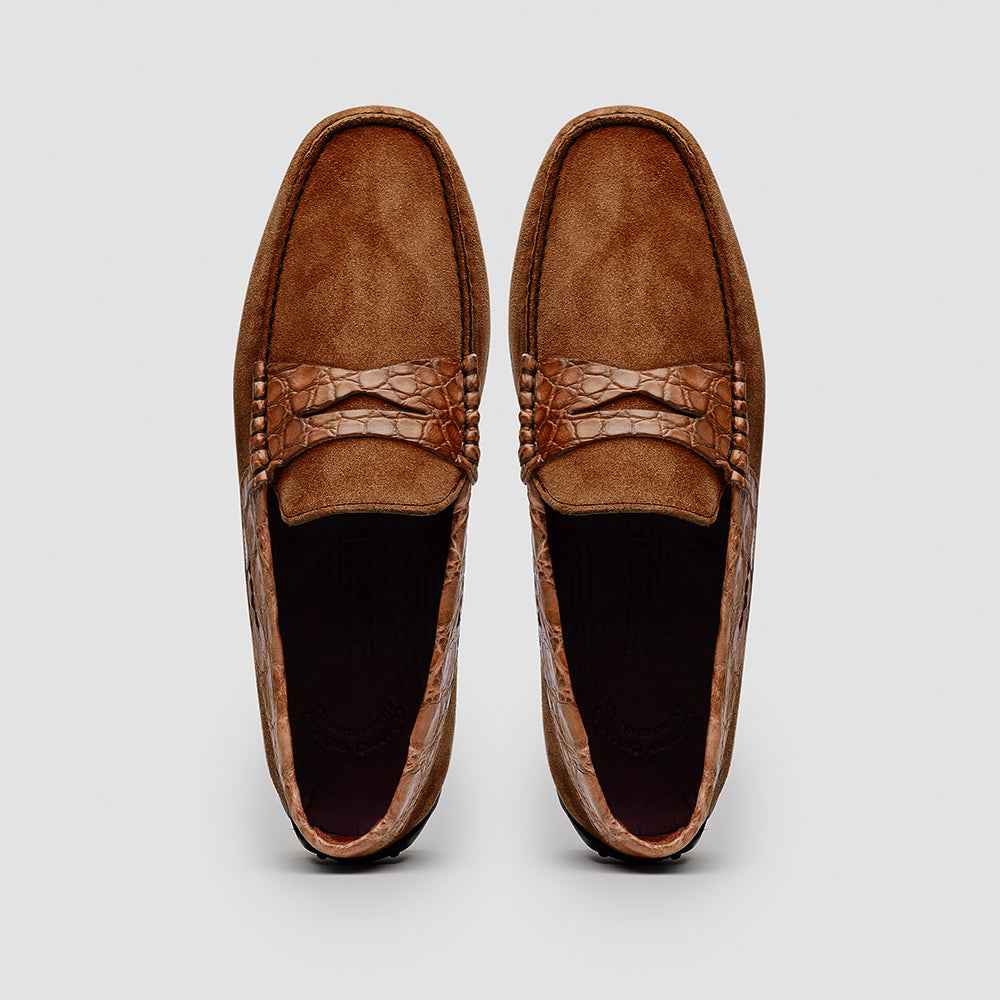 TEEK - 31-160-CGN MONZA Sueded Calfskin with Crocodile Driver, Cognac SHOES TEEK ZI