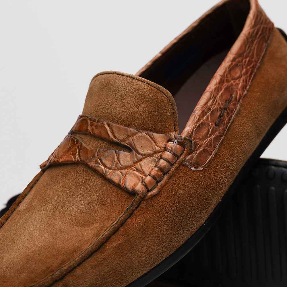 TEEK - 31-160-CGN MONZA Sueded Calfskin with Crocodile Driver, Cognac SHOES TEEK ZI