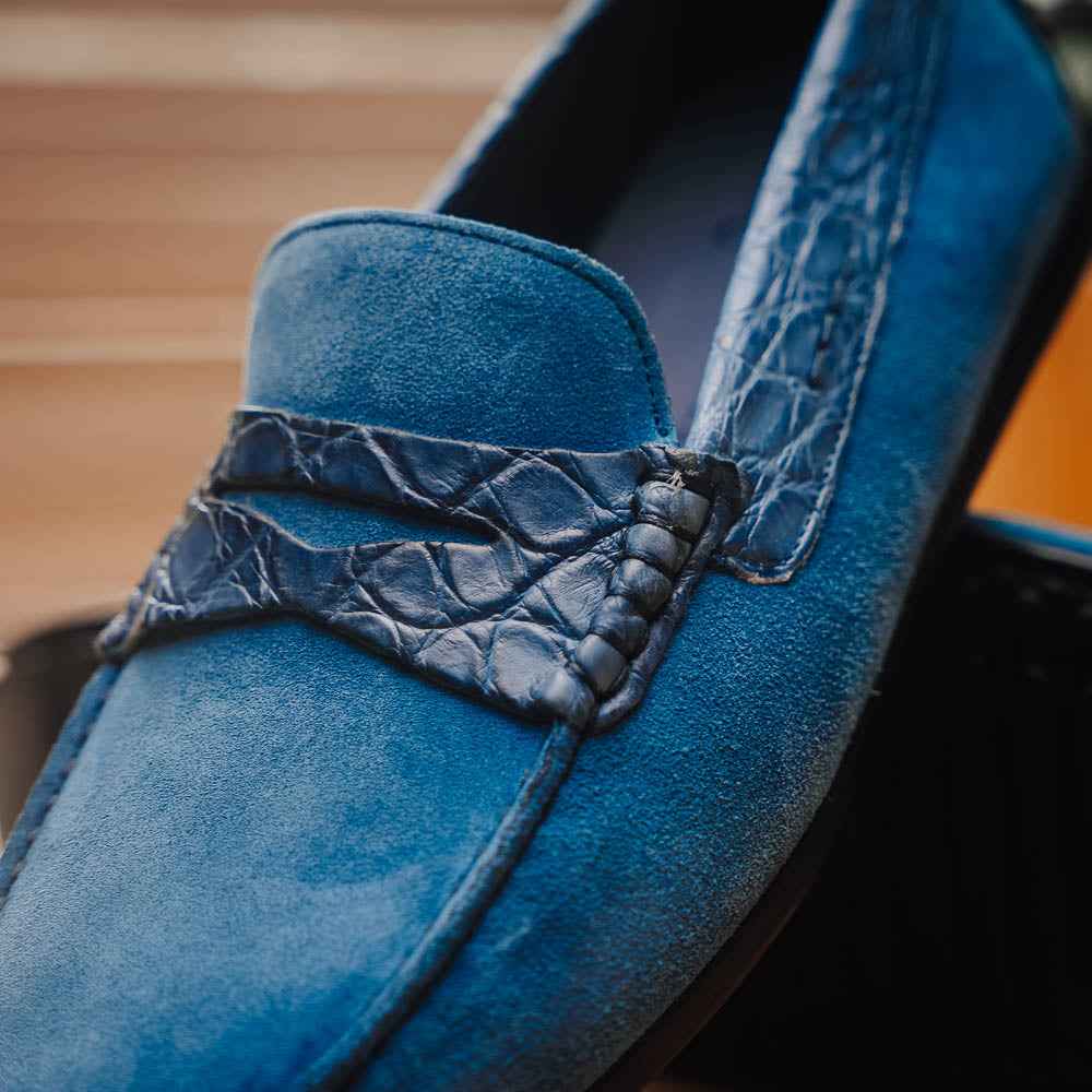 TEEK - 31-160-DNM MONZA Sueded Calfskin with Crocodile Driver Denim SHOES TEEK ZI