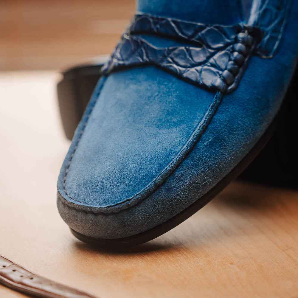 TEEK - 31-160-DNM MONZA Sueded Calfskin with Crocodile Driver Denim SHOES TEEK ZI