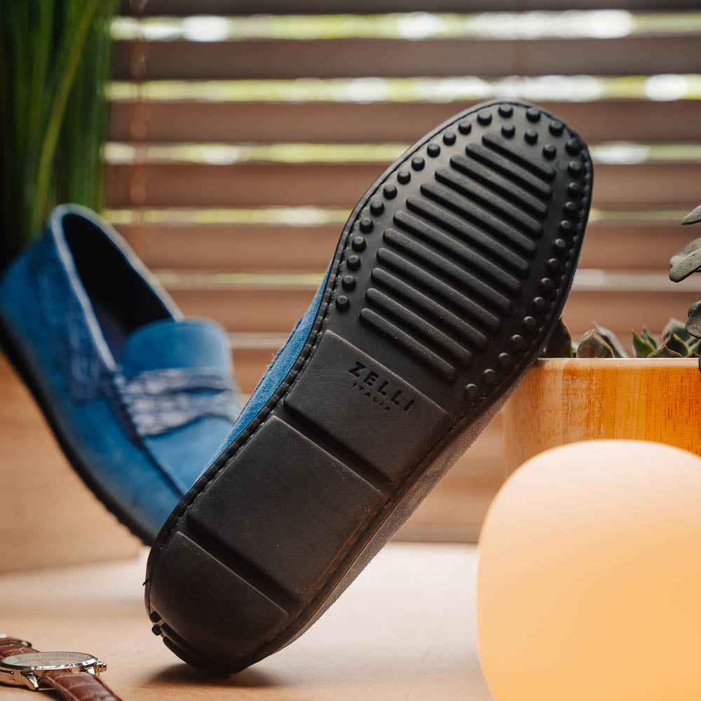 TEEK - 31-160-DNM MONZA Sueded Calfskin with Crocodile Driver Denim SHOES TEEK ZI