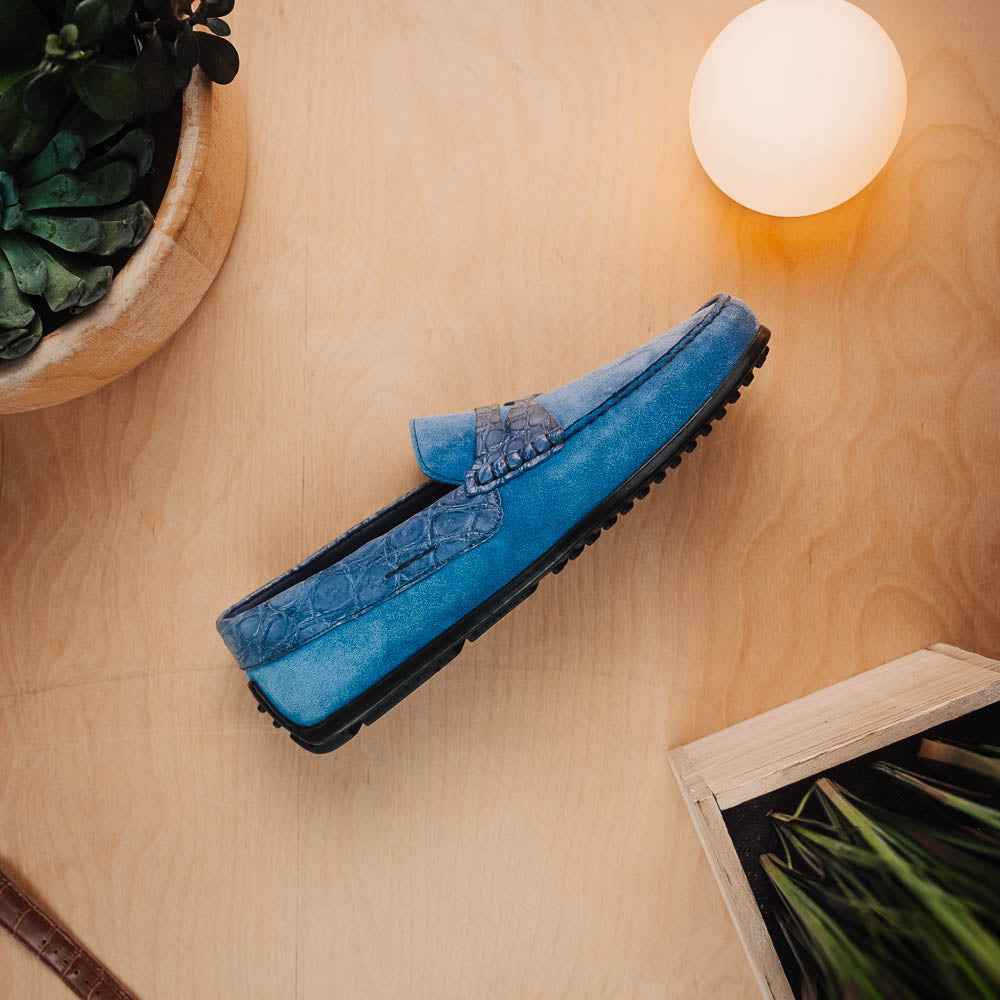 TEEK - 31-160-DNM MONZA Sueded Calfskin with Crocodile Driver Denim SHOES TEEK ZI