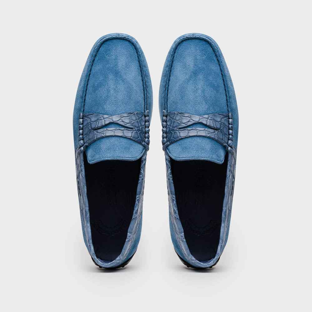 TEEK - 31-160-DNM MONZA Sueded Calfskin with Crocodile Driver Denim SHOES TEEK ZI
