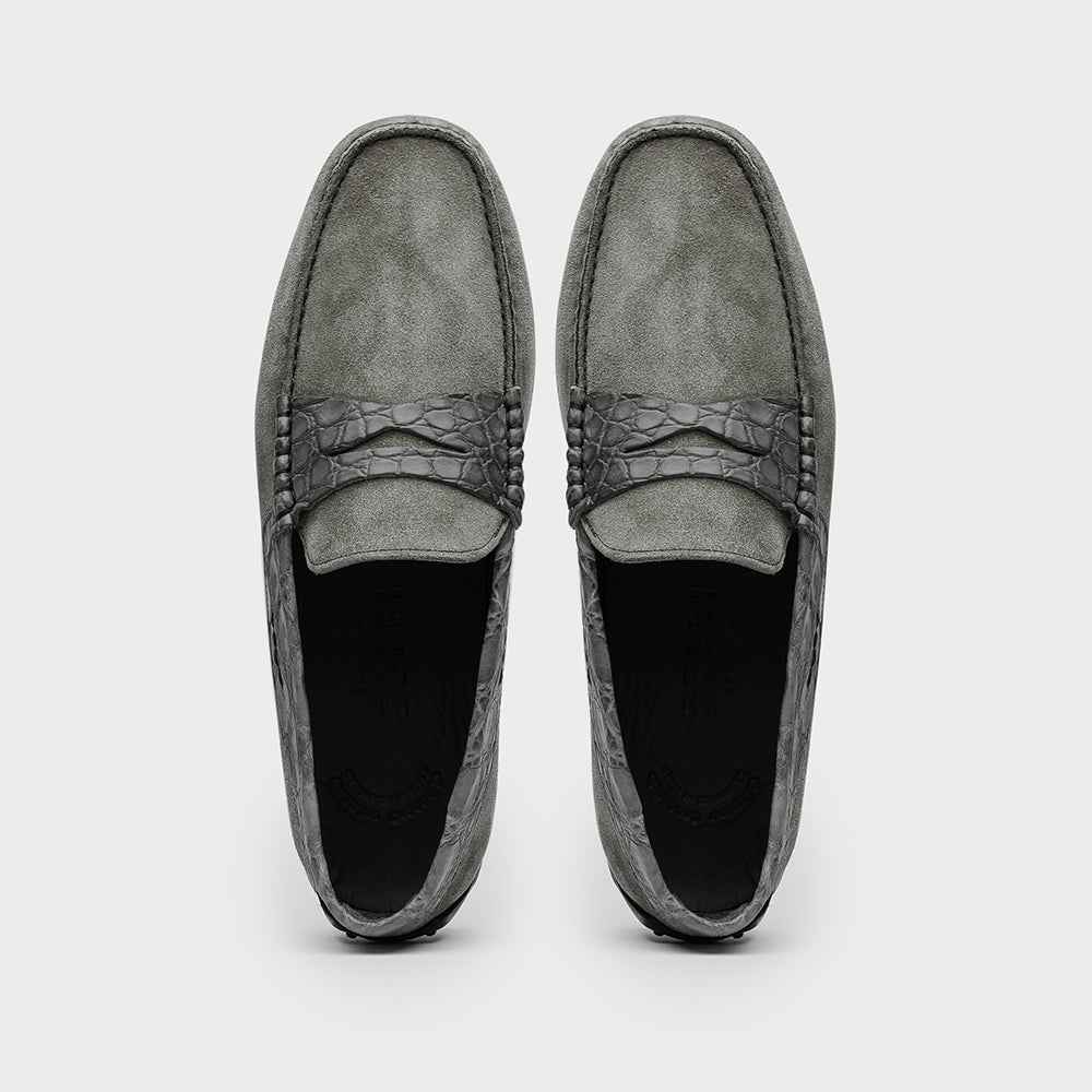 TEEK - 31-160-GRY MONZA Sueded Calfskin with Crocodile Driver, Grey SHOES TEEK ZI