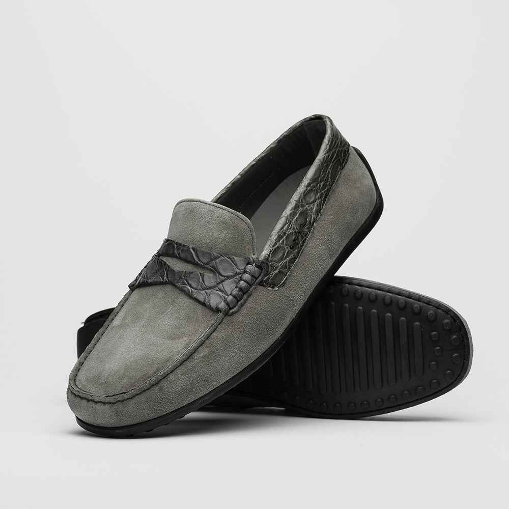 TEEK - 31-160-GRY MONZA Sueded Calfskin with Crocodile Driver, Grey SHOES TEEK ZI