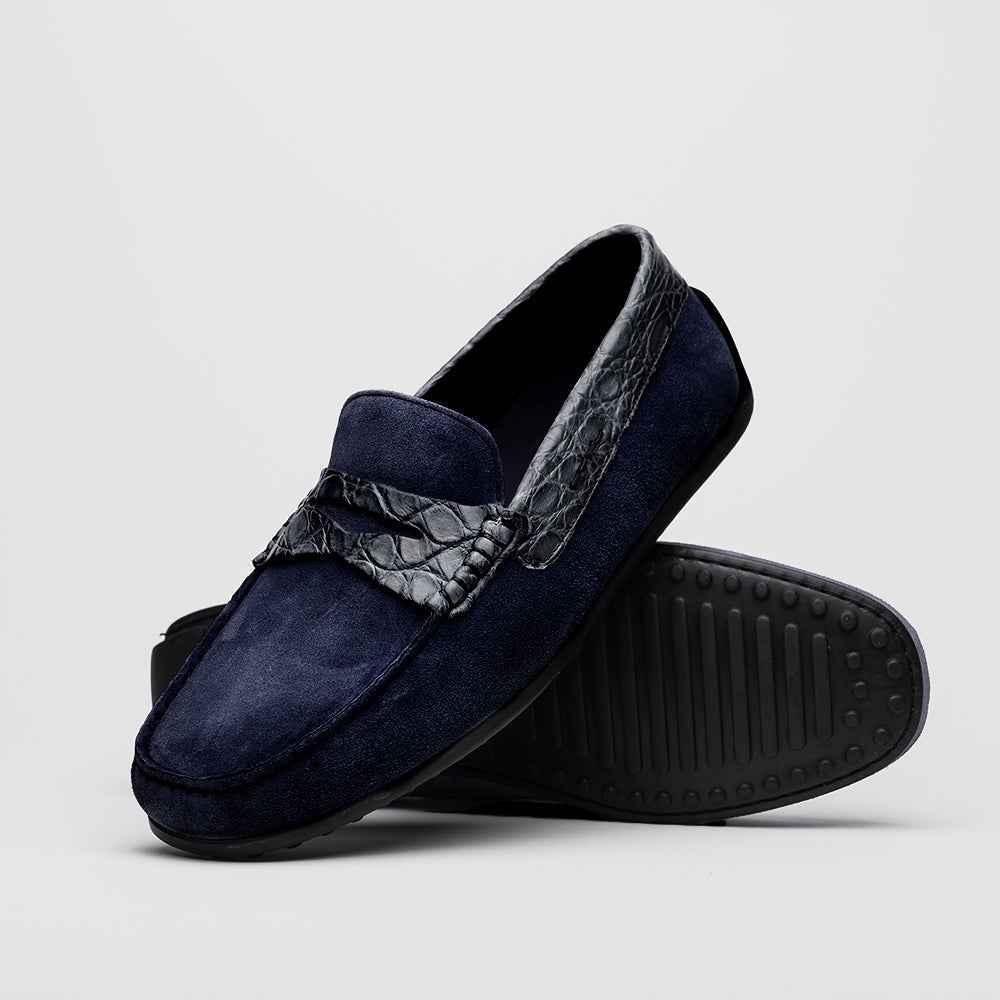 TEEK - 31-160-NVY MONZA Sueded Calfskin with Crocodile Driver, Navy SHOES TEEK ZI