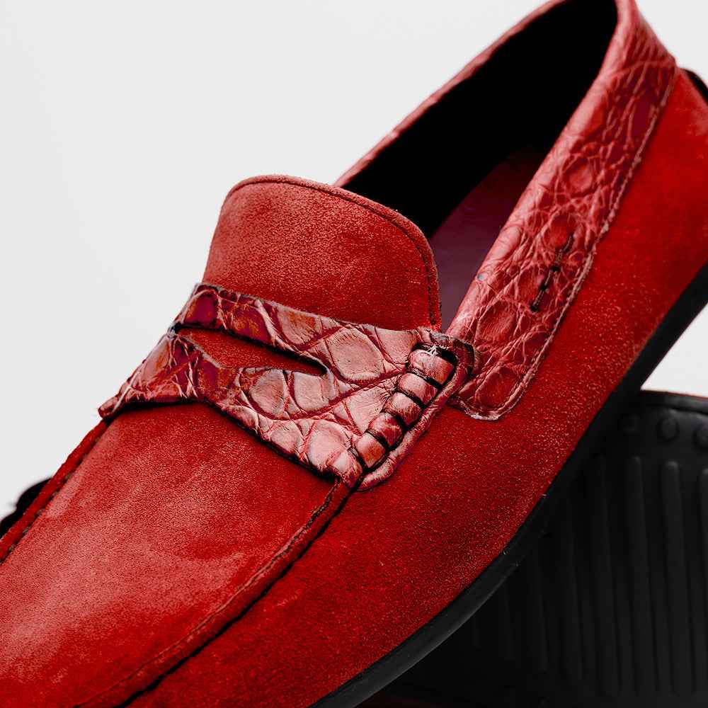 31-160-RED MONZA Sueded Calfskin with Crocodile Driver, Red Sale TEEK ZI
