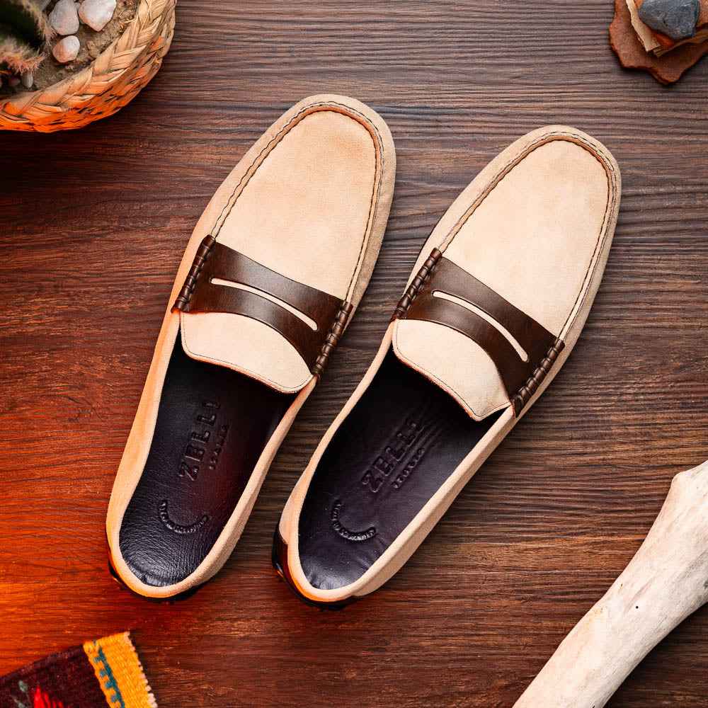 TEEK - 36-300-BON MONZA Sueded Italian Calfskin Driver Bone / Chestnut SHOES TEEK ZI