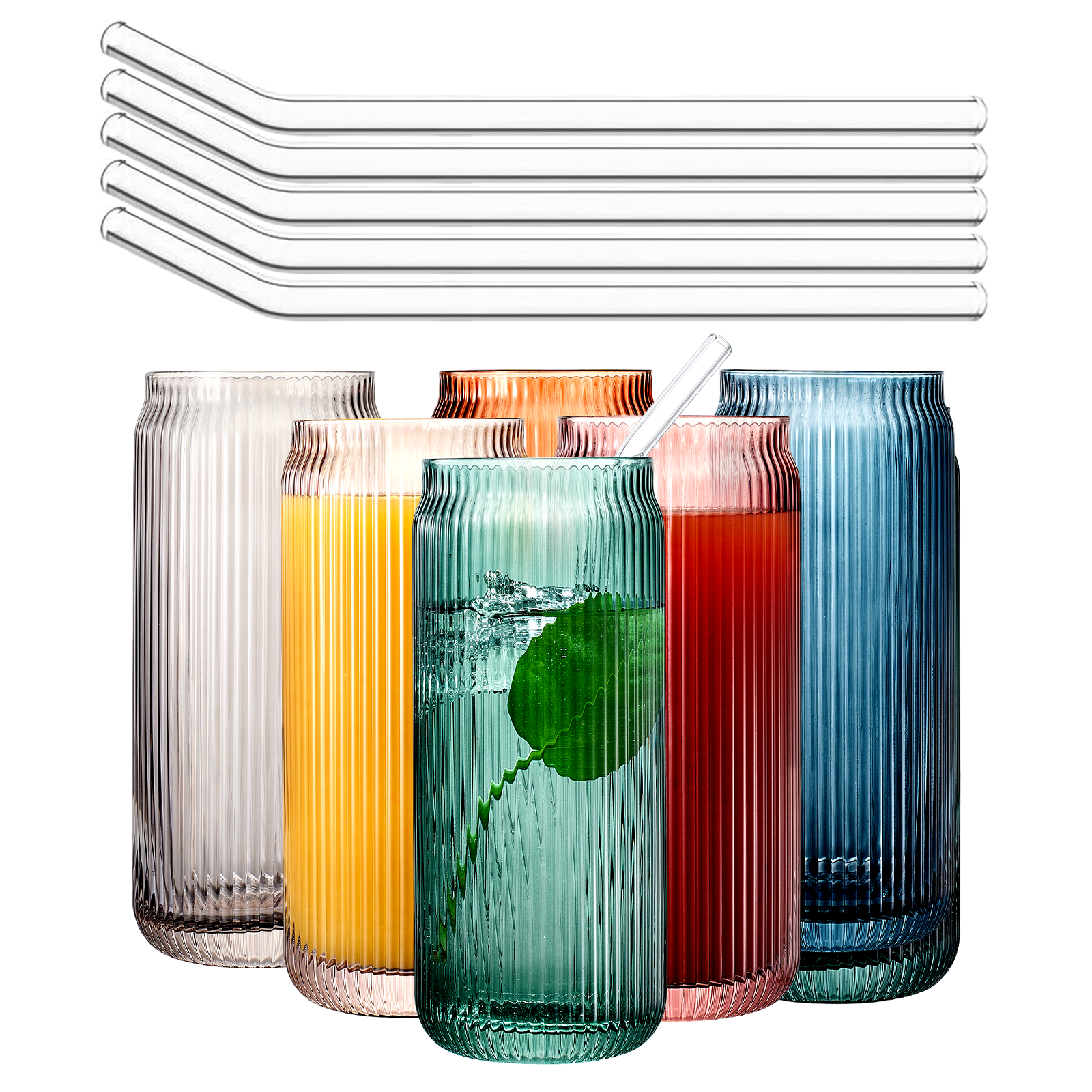 TEEK - Tonal Ribbed Soda Can Highball Straw Glassware Set of 6 HOME DECOR TEEK KS