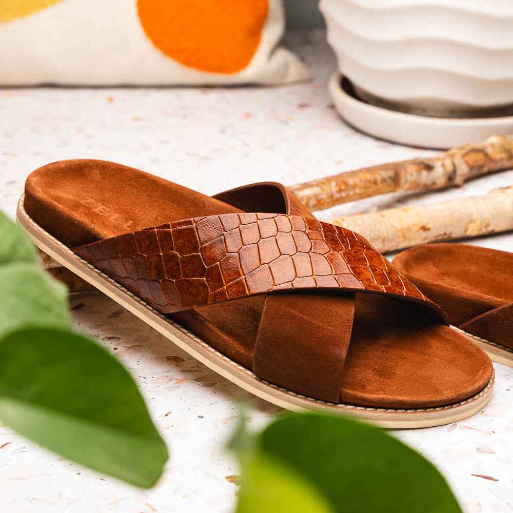 TEEK - 06-101-CGN RENA Italian Goatskin Suede Croc Embossed Slide Cognac SHOES TEEK ZI