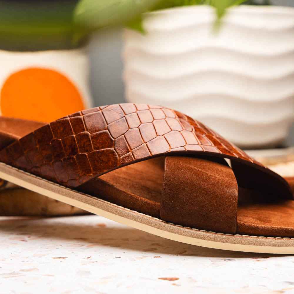 TEEK - 06-101-CGN RENA Italian Goatskin Suede Croc Embossed Slide Cognac SHOES TEEK ZI