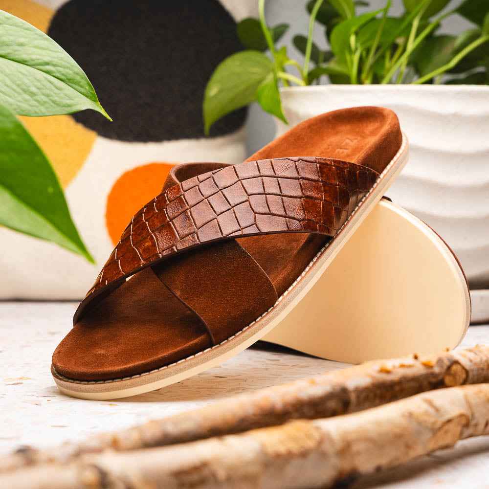 TEEK - 06-101-CGN RENA Italian Goatskin Suede Croc Embossed Slide Cognac SHOES TEEK ZI