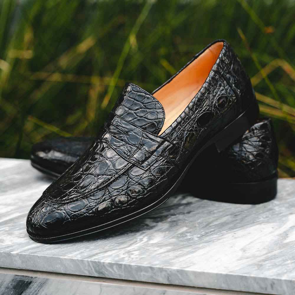 11-201-BKM ROMA Crocodile Penny Loafer, Black Shop TEEK ZI