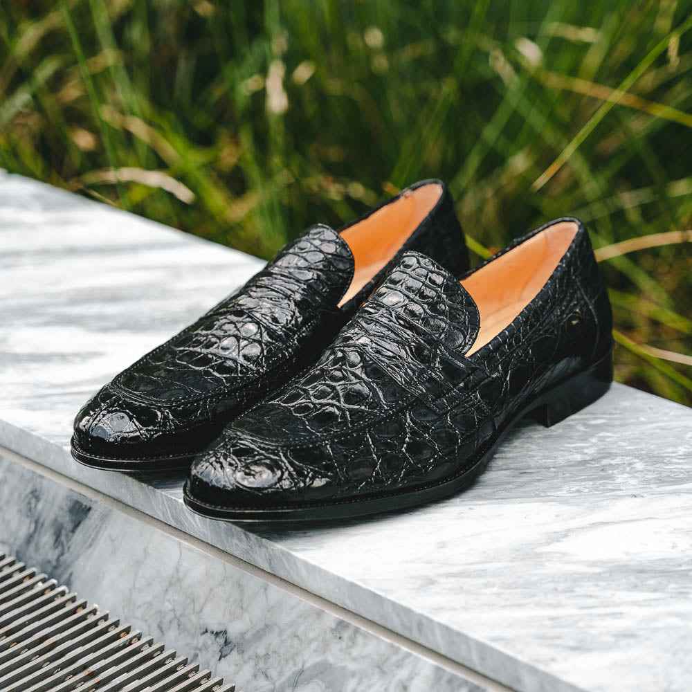 11-201-BKM ROMA Crocodile Penny Loafer, Black Shop TEEK ZI