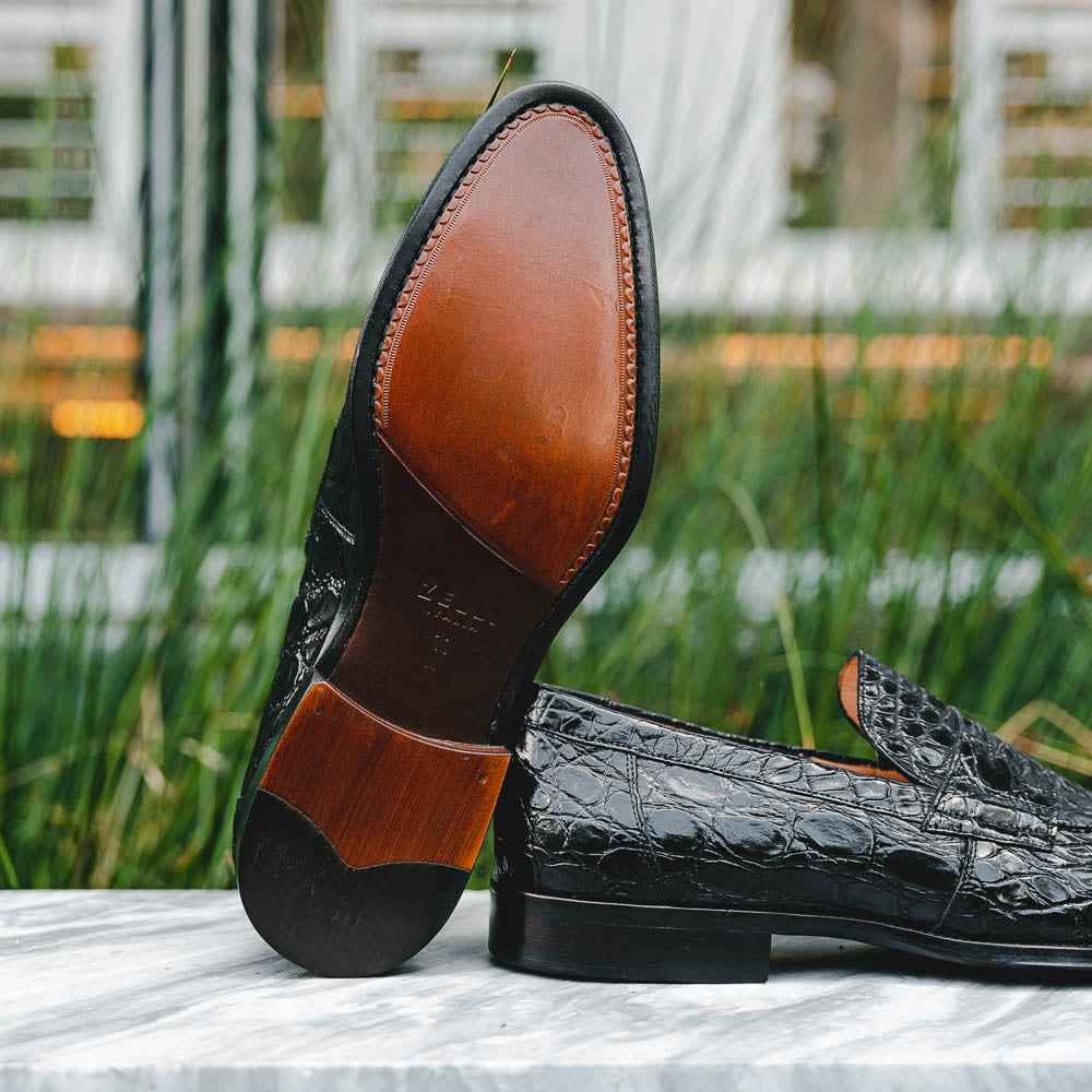 11-201-BKM ROMA Crocodile Penny Loafer, Black Shop TEEK ZI