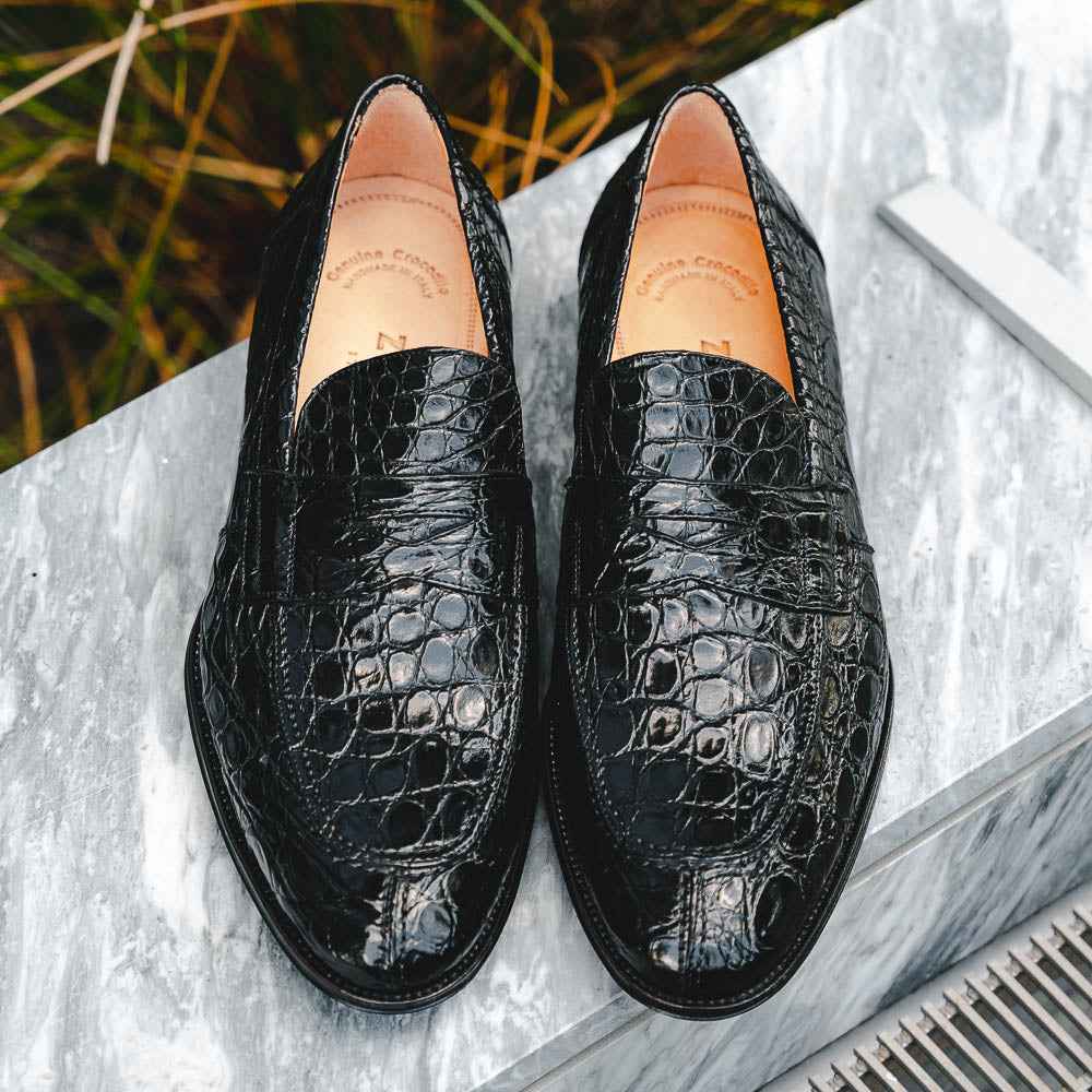 11-201-BKM ROMA Crocodile Penny Loafer, Black Shop TEEK ZI