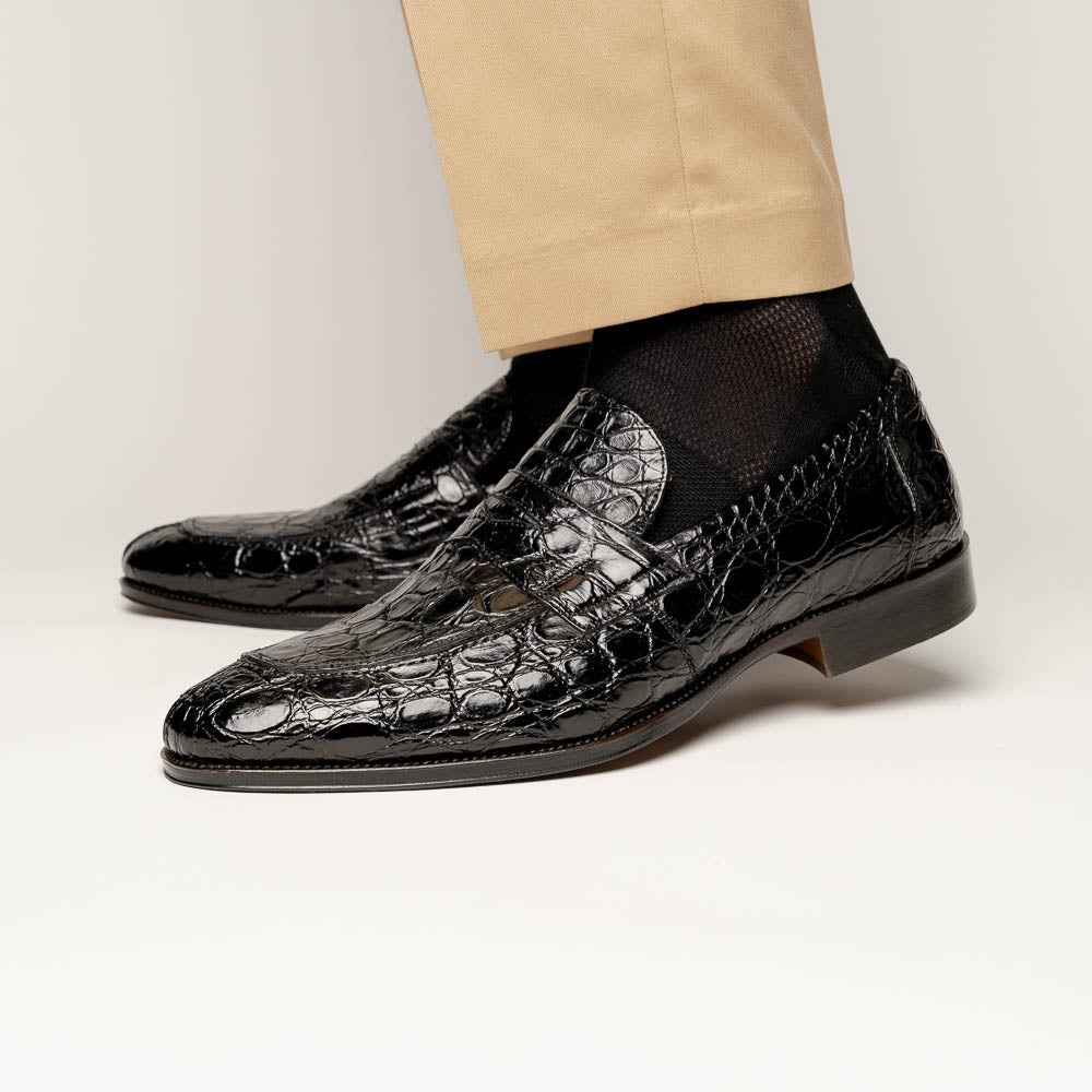 11-201-BKM ROMA Crocodile Penny Loafer, Black Shop TEEK ZI