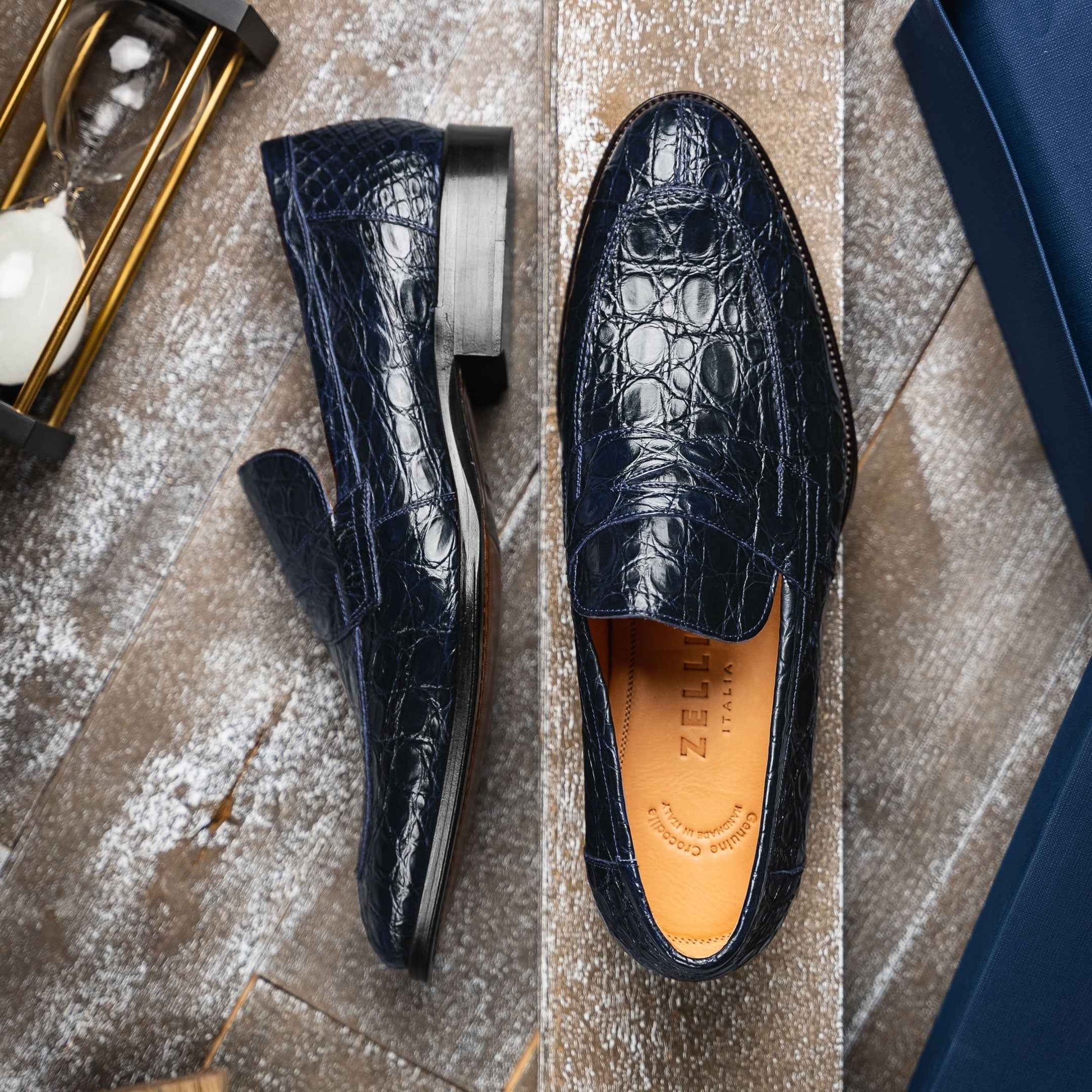 11-201-NVY ROMA Crocodile Penny Loafer, Navy Shop TEEK ZI