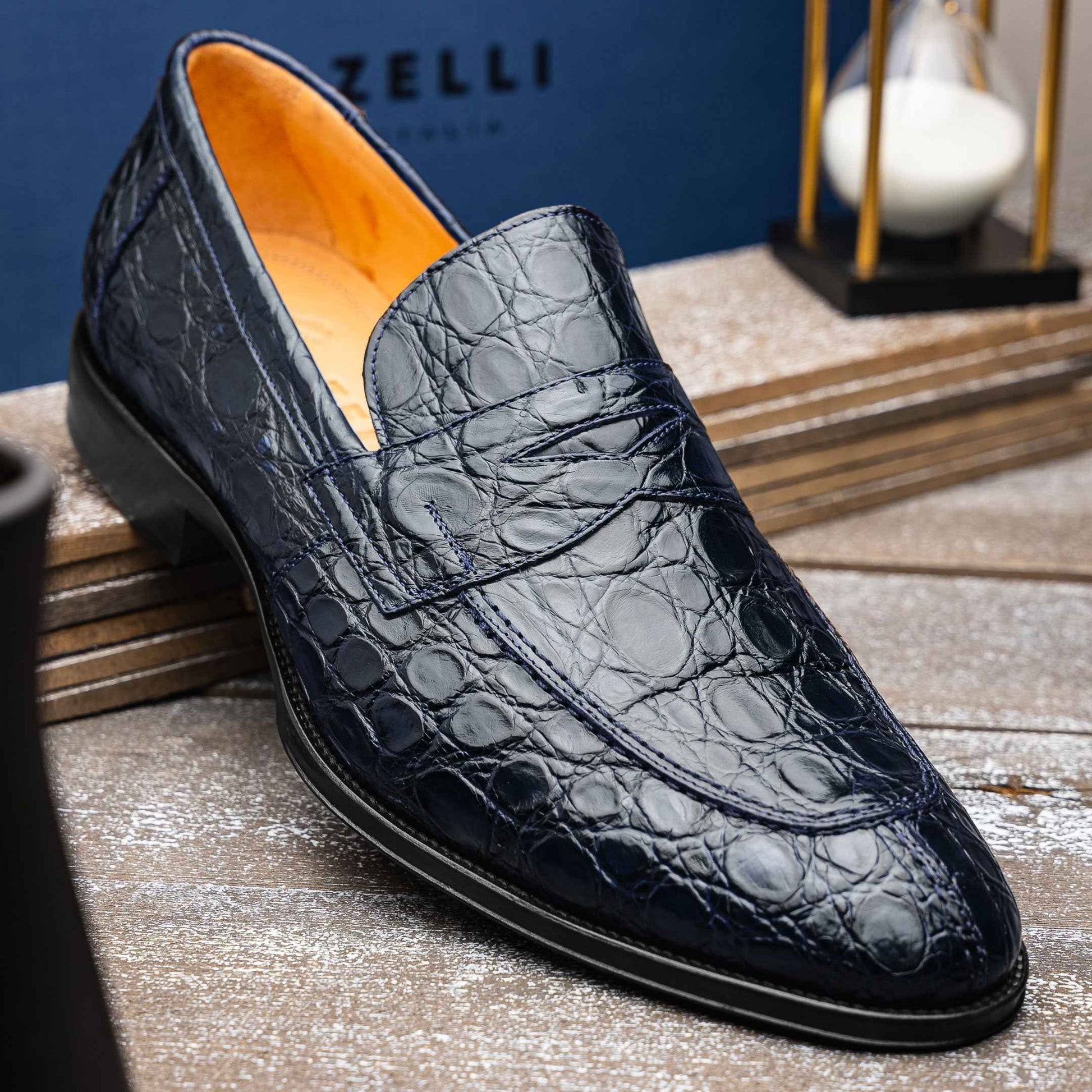 11-201-NVY ROMA Crocodile Penny Loafer, Navy Shop TEEK ZI