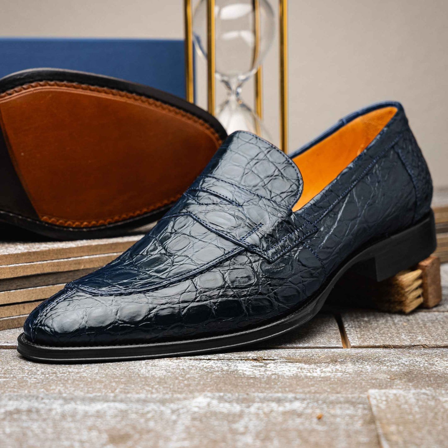 11-201-NVY ROMA Crocodile Penny Loafer, Navy Shop TEEK ZI