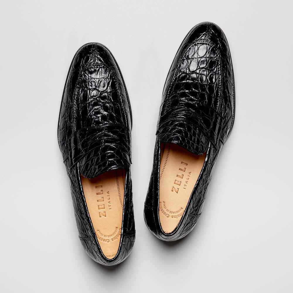 11-201-BKM ROMA Crocodile Penny Loafer, Black Shop TEEK ZI