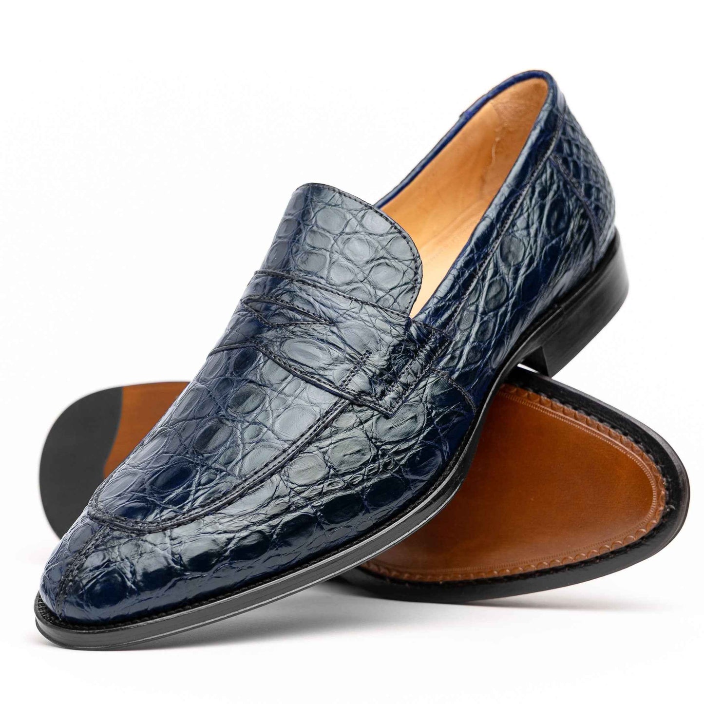 11-201-NVY ROMA Crocodile Penny Loafer, Navy Shop TEEK ZI