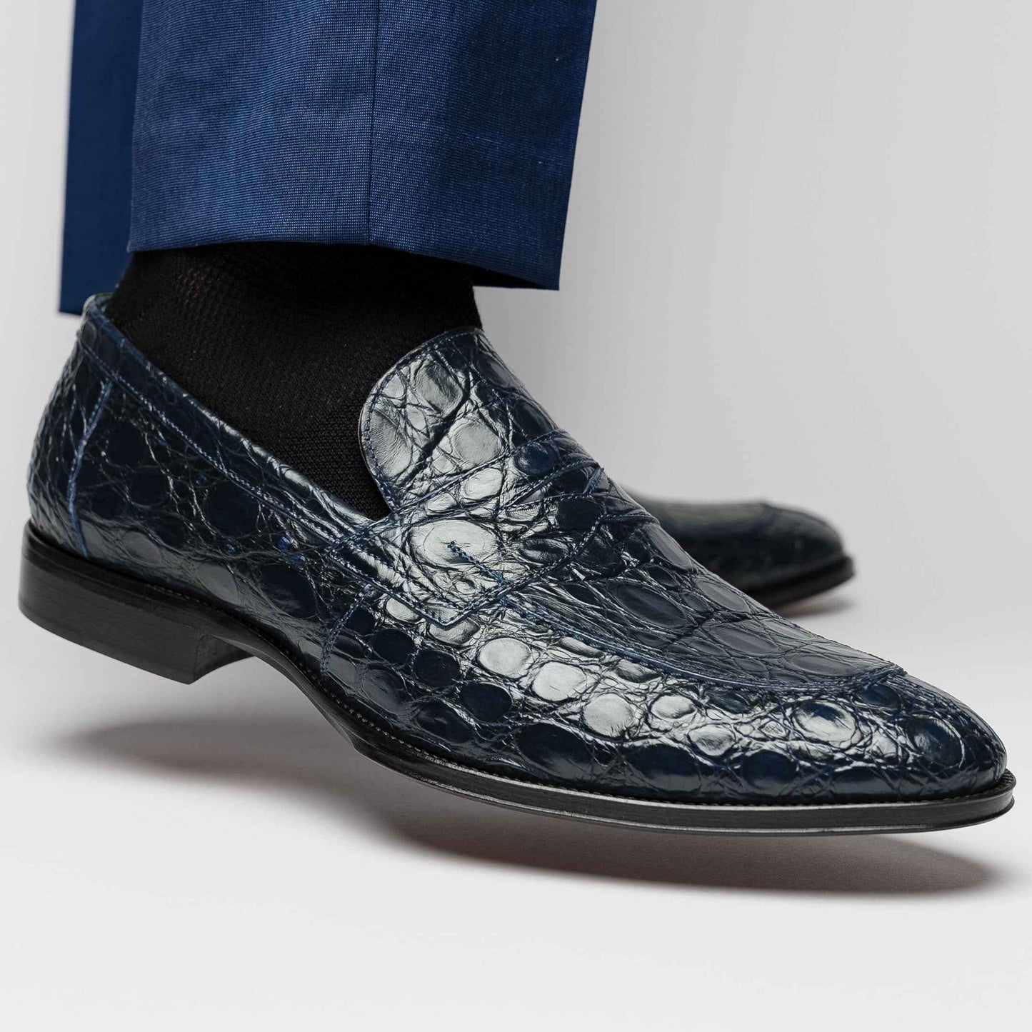 11-201-NVY ROMA Crocodile Penny Loafer, Navy Shop TEEK ZI