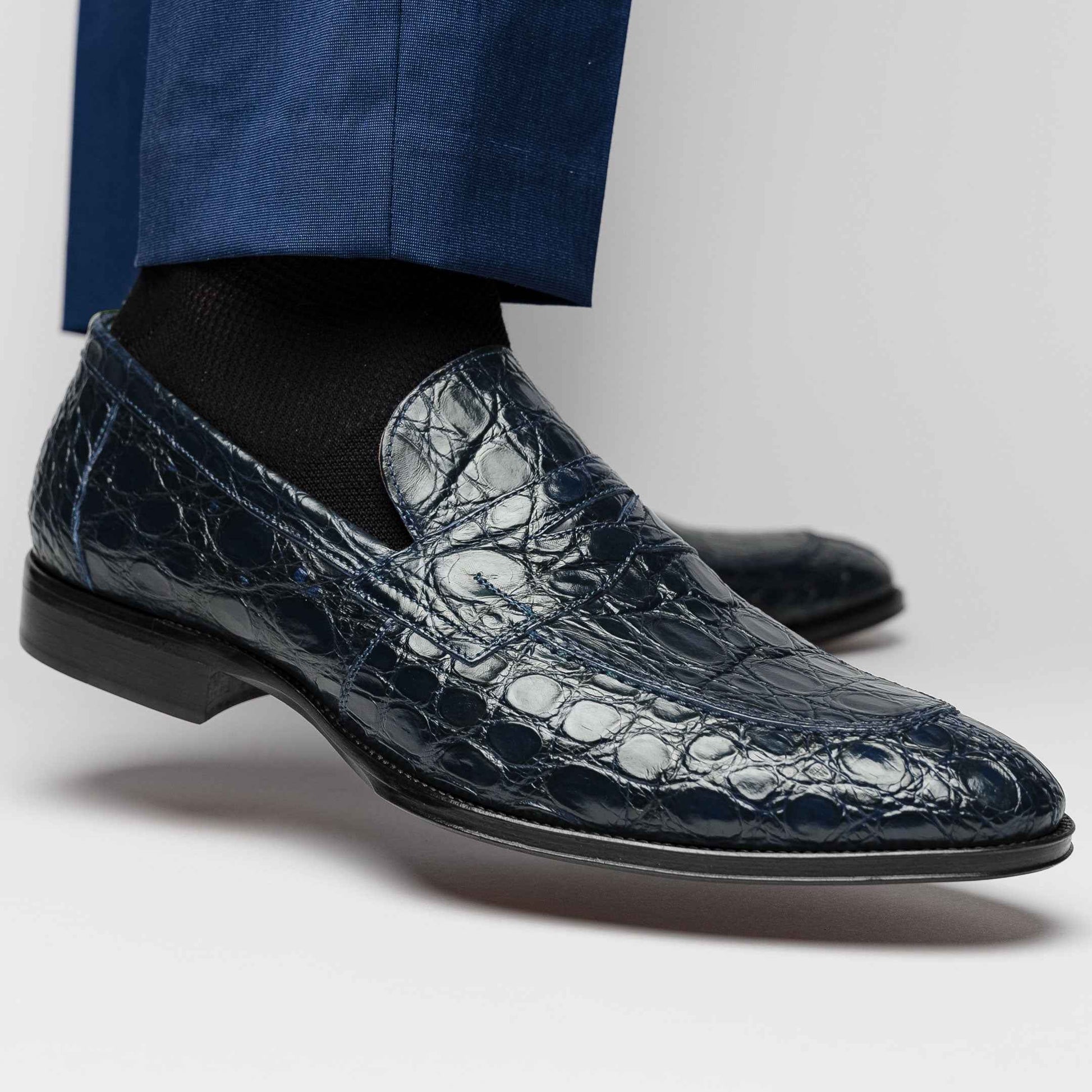 11-201-NVY ROMA Crocodile Penny Loafer, Navy Shop TEEK ZI