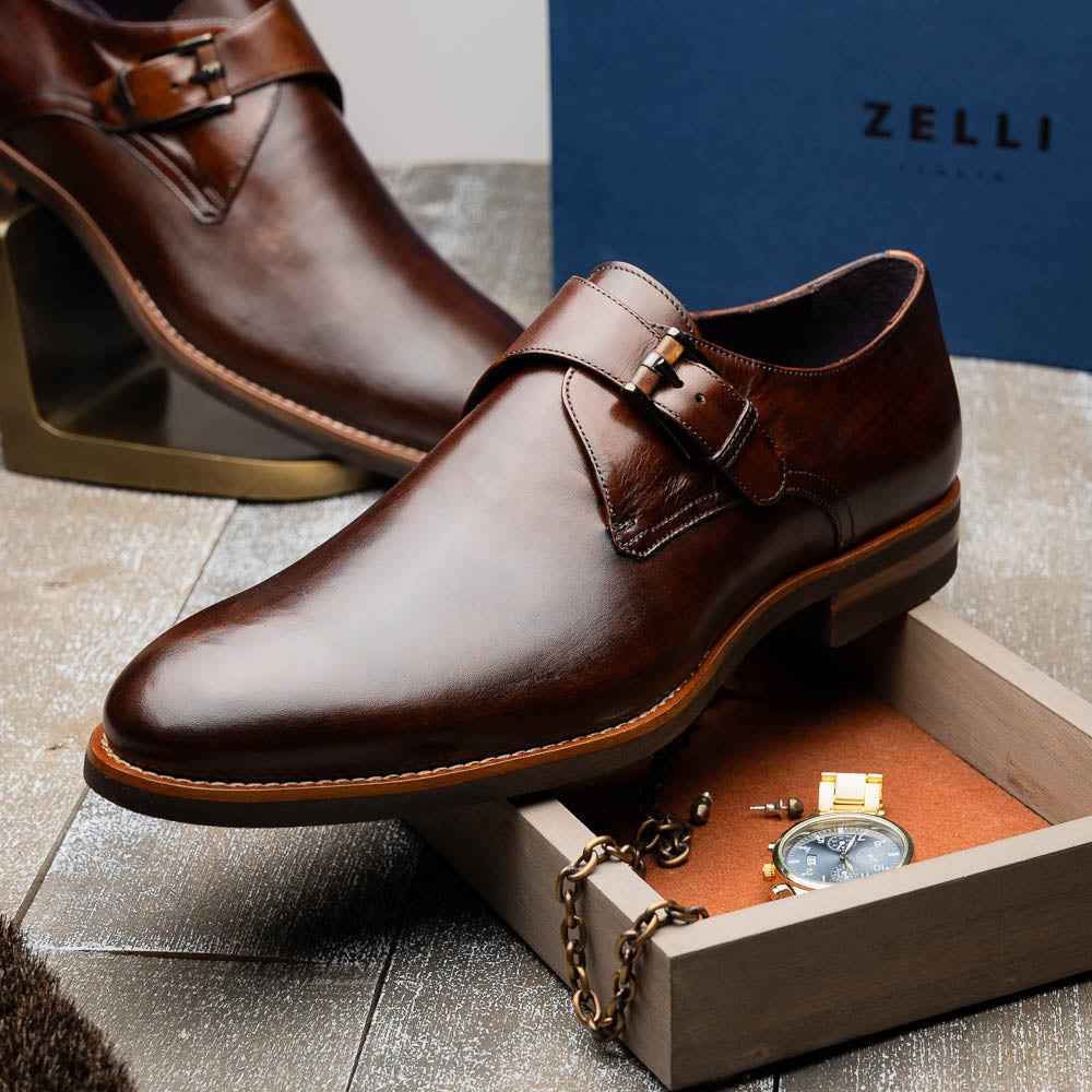 55-605-CST ROMAN Italian Calfskin Monkstrap Chestnut Shop Zelli Italia