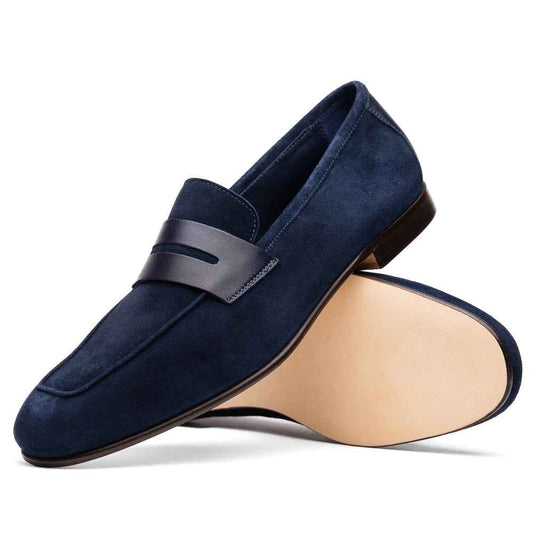 16-672-NVY Tippa Suede & Calfskin Penny Loafers Navy Shop Zelli Italia