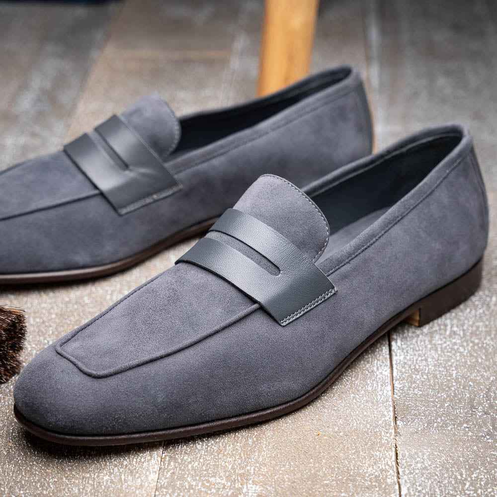 TEEK - 16-672-GRY Tippa Suede & Calfskin Penny Loafers Grey Sale TEEK ZI