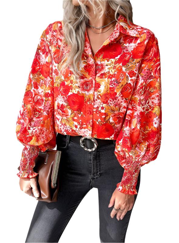 TEEK - Floral Casual Printed Lantern Sleeve Blouse TOPS TEEK K Red S 