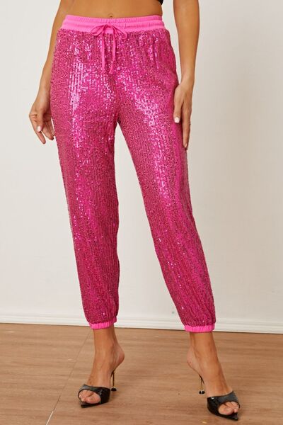 TEEK - Hot Pink Sequin Drawstring Pants with Pockets PANTS TEEK Trend S  