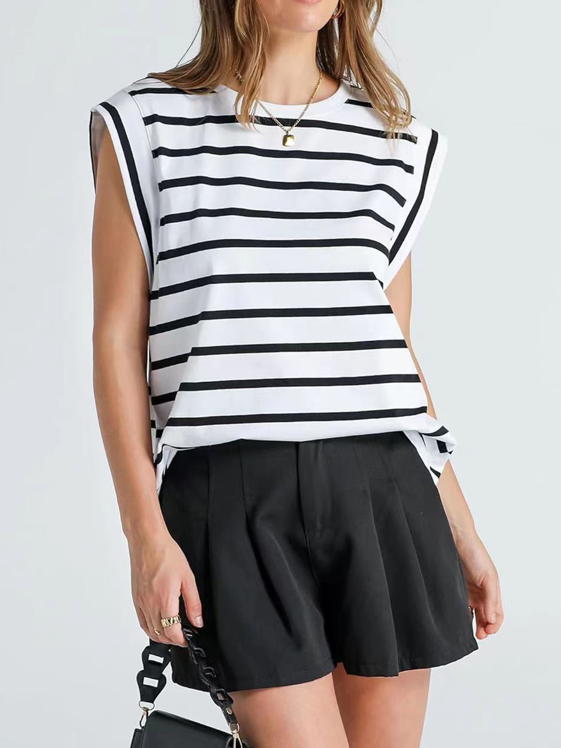 TEEK - Striped Round Neck Cap Sleeve Top TOPS TEEK Trend   